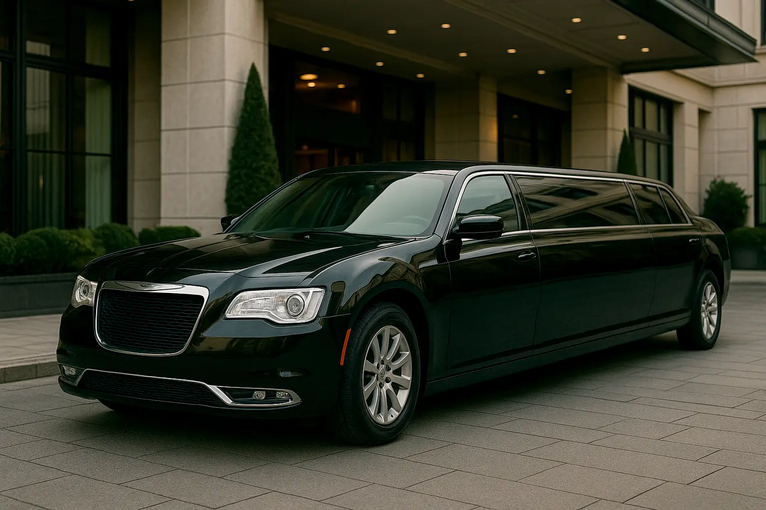Black stretch limousine outside a luxury hotel