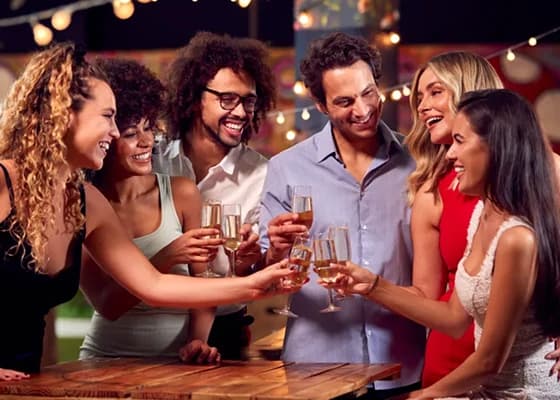 Friends on a night out in a party bus
