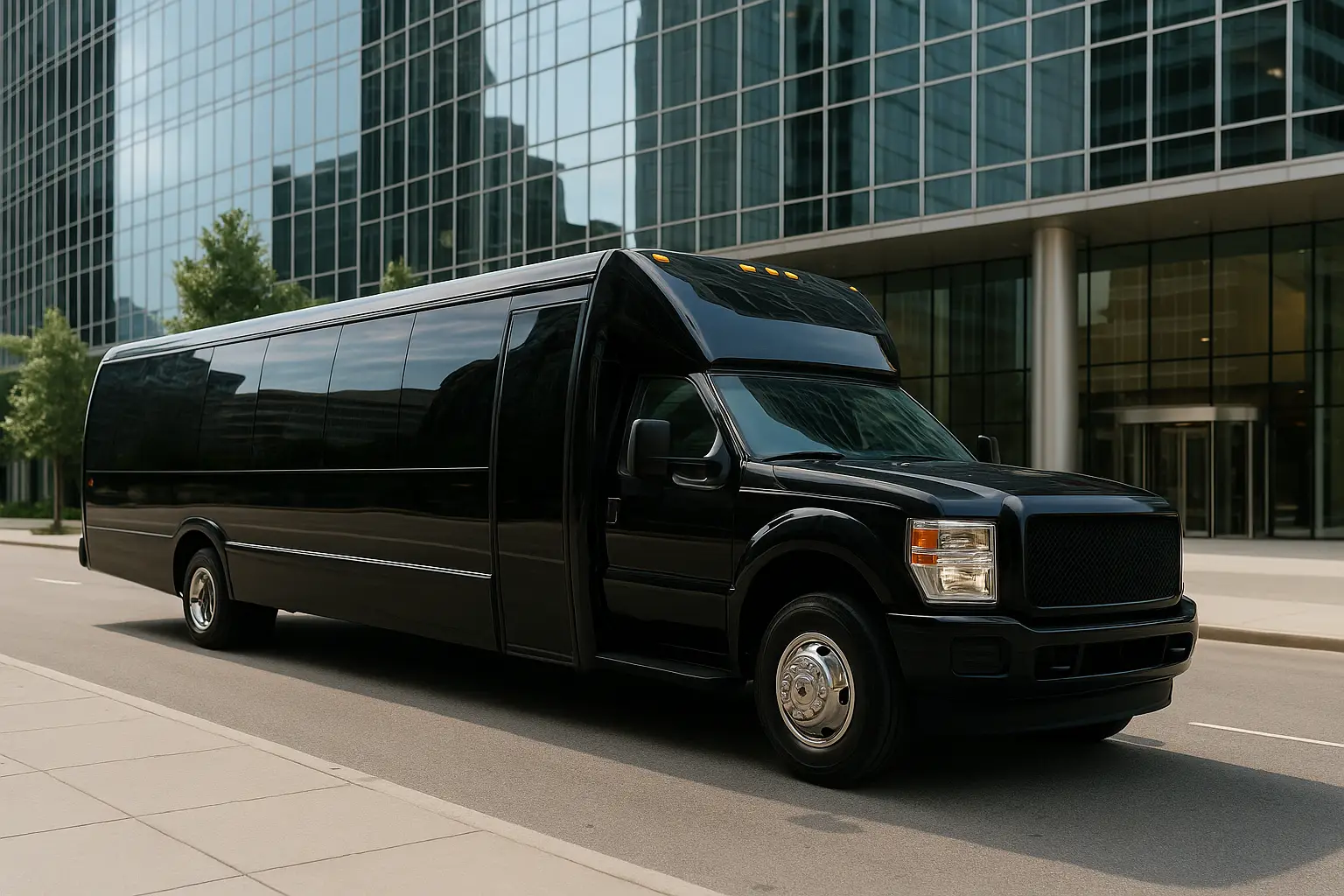 Party bus lit up at night
