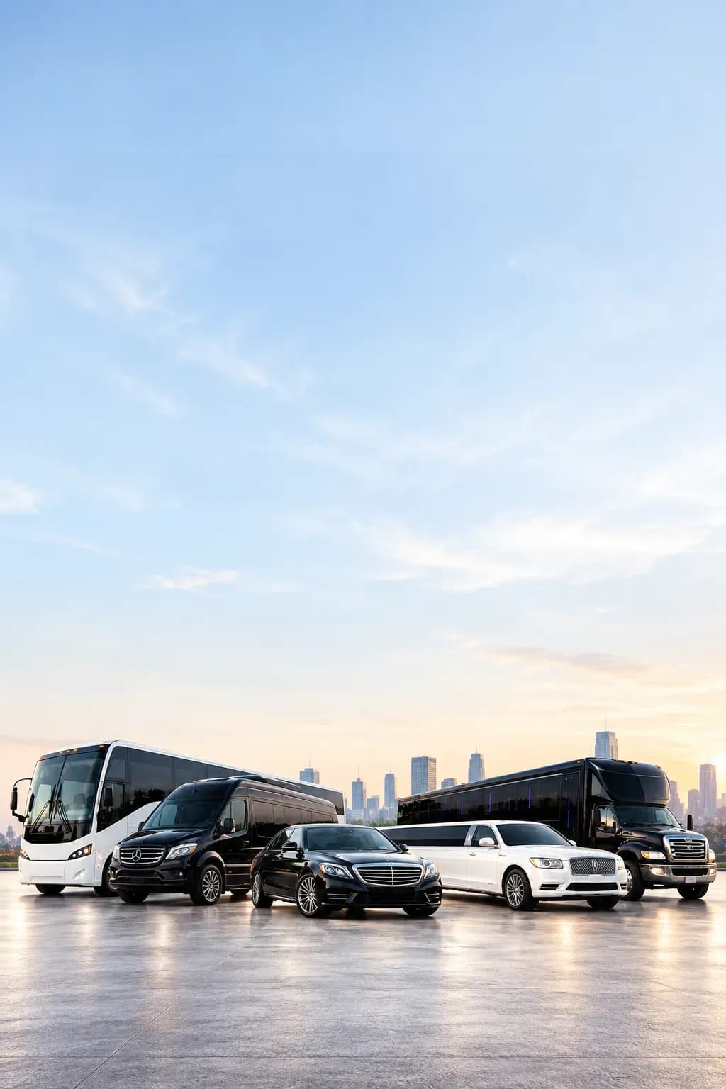 Get your quote A lineup of black chauffeur vehicles: a coach, a minibus, a stretch Hummer, a Lincoln stretch limousine, executive sedans and a party bus
