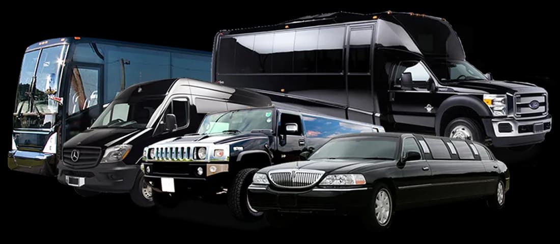 Get your quote A lineup of black chauffeur vehicles: a coach, a minibus, a stretch Hummer, a Lincoln stretch limousine, executive sedans and a party bus