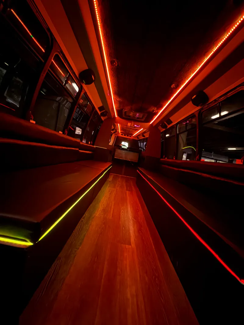 Ford E-450 Series Party Bus interior with perimeter lounge seating, LED accent lighting and LED ceiling lighting, photo 8 for party bus rental