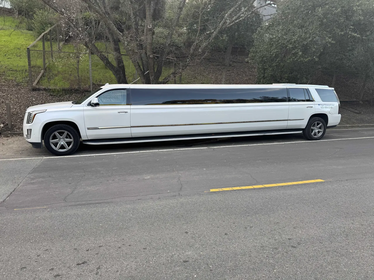 White Cadillac Escalade Limo exterior with tinted windows for limo rental