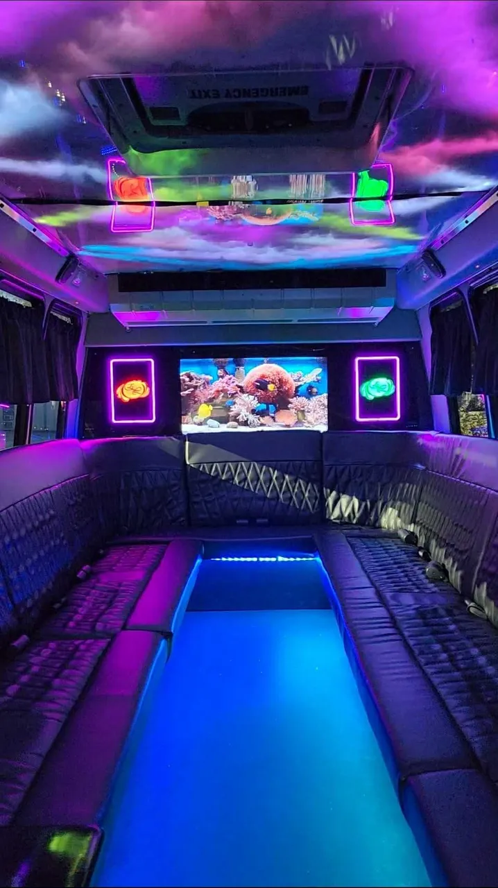 20 Passenger Luxury Party Bus interior with perimeter lounge seating, LED accent lighting and LED ceiling lighting for party bus rental