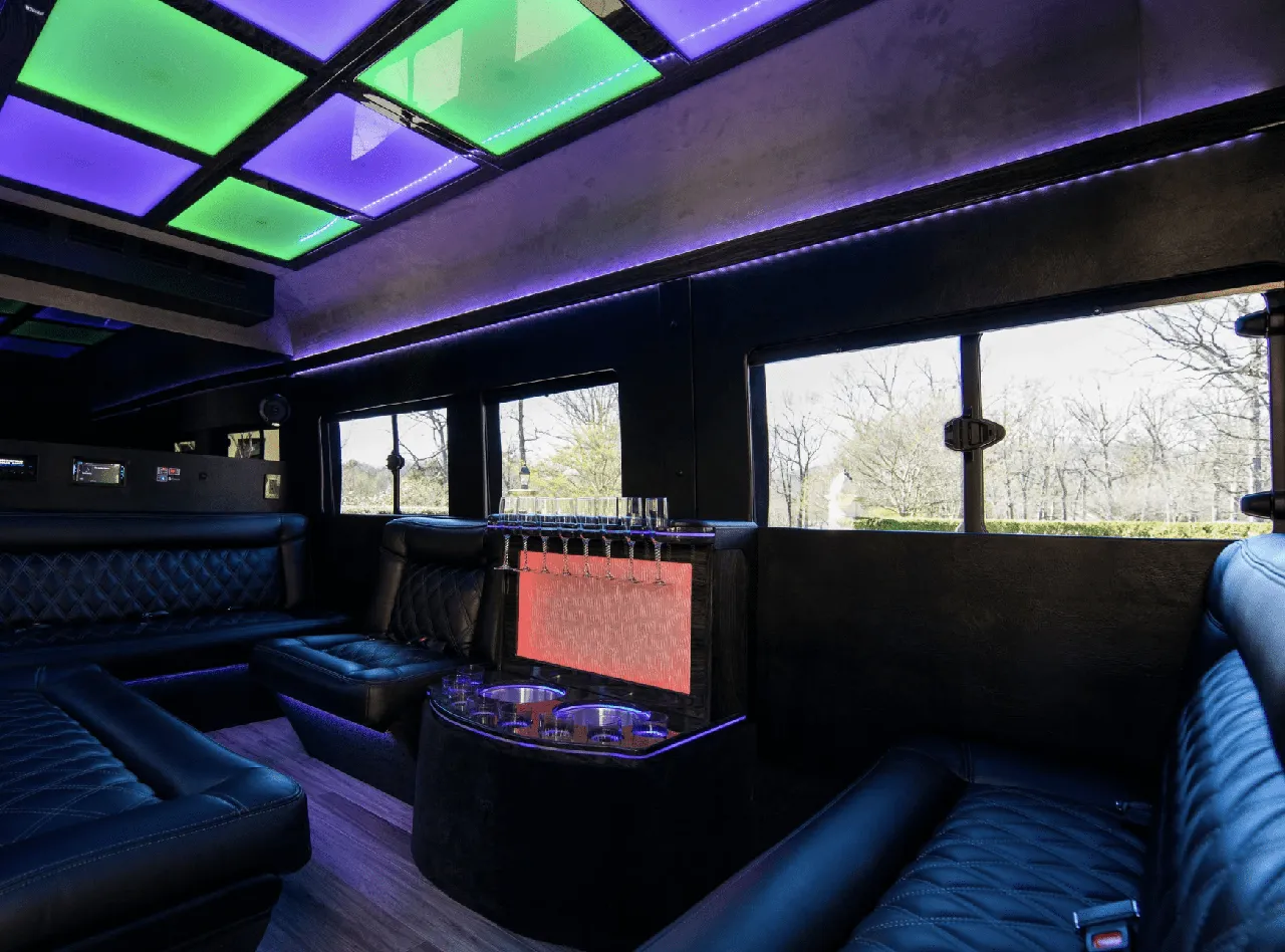 Ford Limo Sprinter interior with sofa-style seating, LED accent lighting and LED ceiling lighting, photo 2 for party bus rental