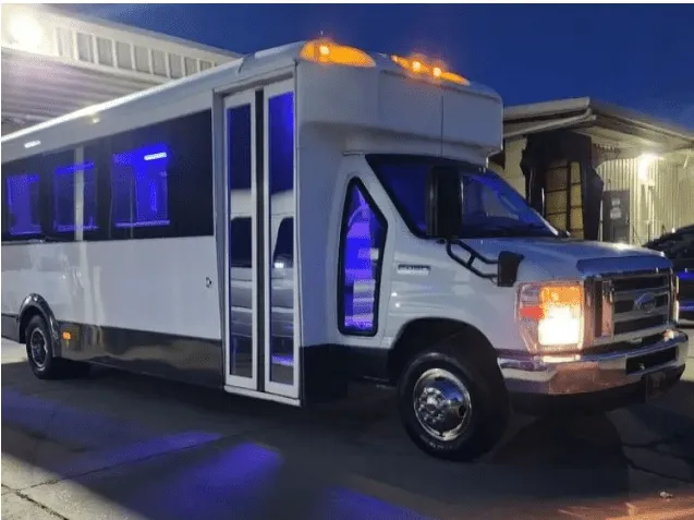22 Passenger Limo Bus exterior for party bus rental