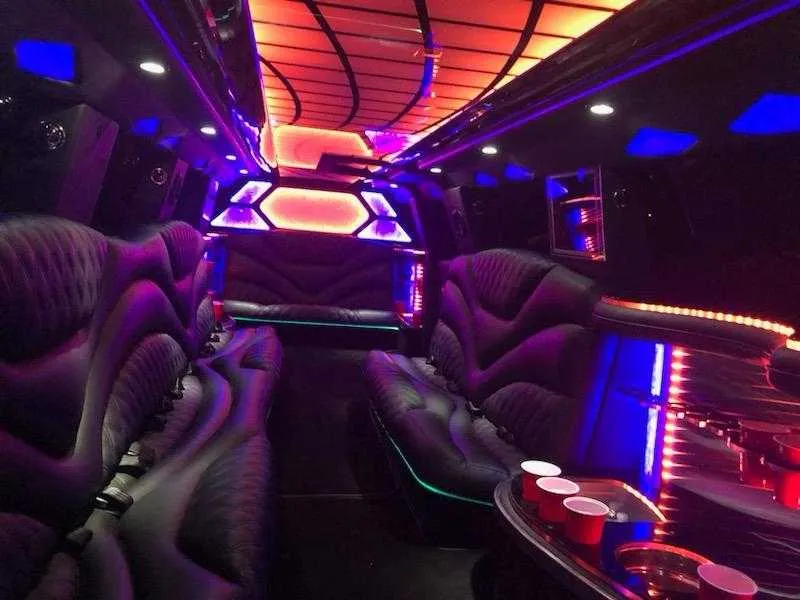 Lincoln MKT Limo interior with LED accent lighting and LED ceiling lighting for limo rental