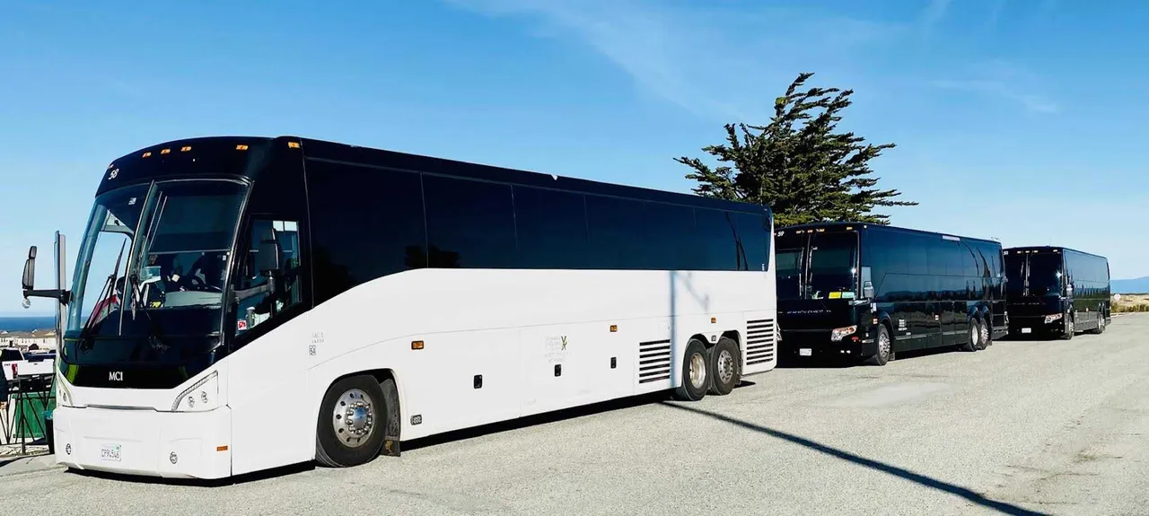 MCI Motorcoach White MCI Motorcoach with tinted windows for charter bus rental