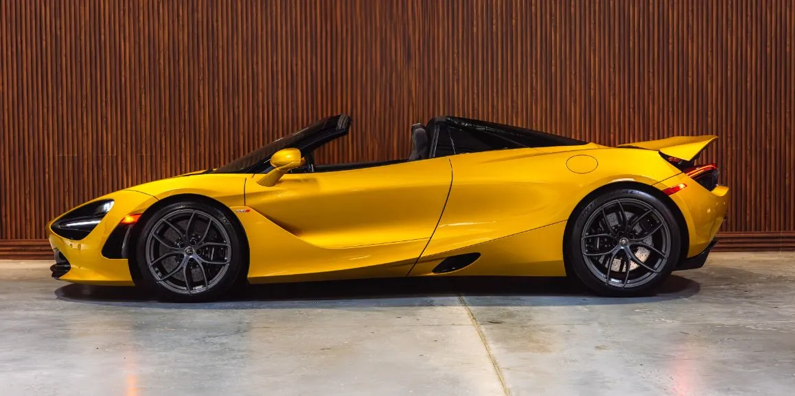 Yellow Mclaren 720s exterior with convertible roof, photo 3 for sports car rental
