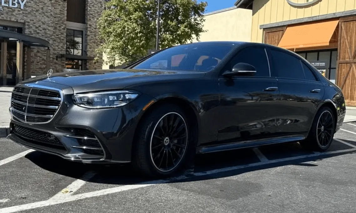 Black Mercedes S Class exterior for wedding car rental