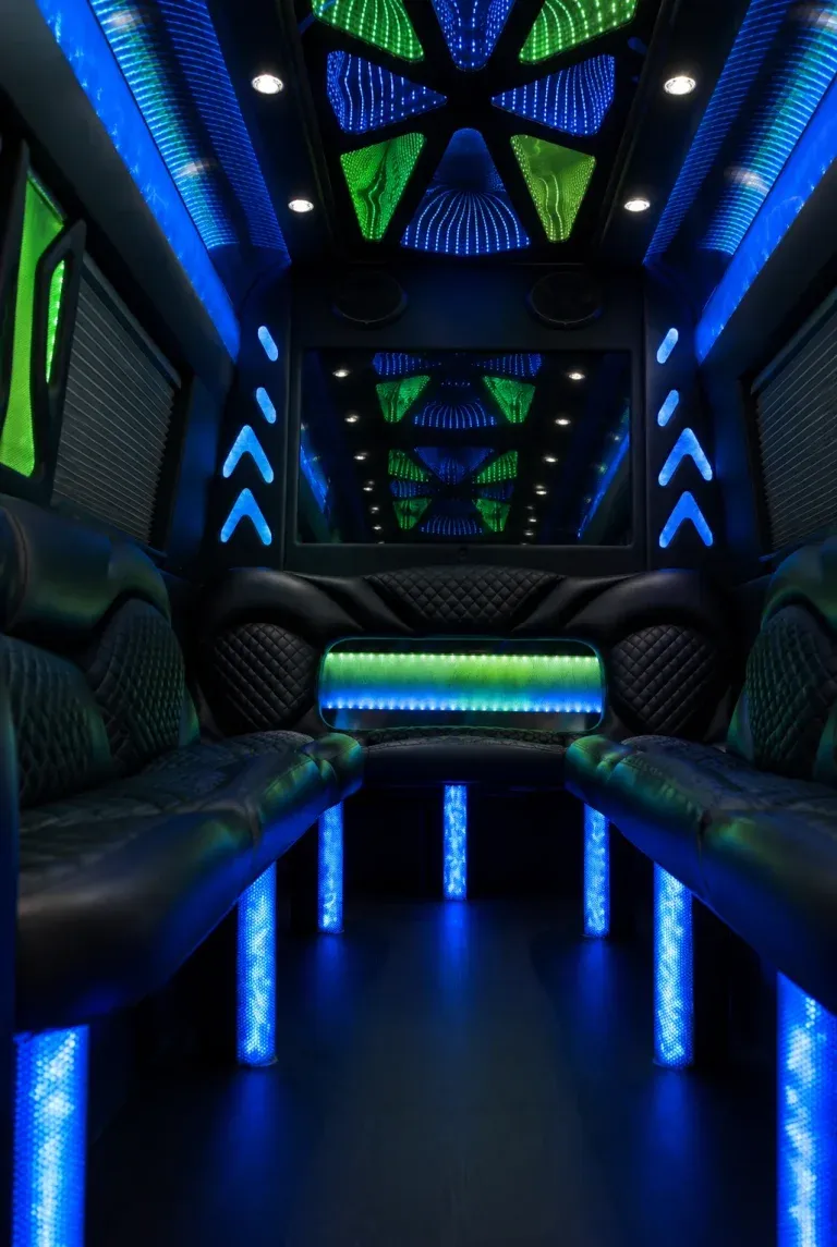 Mercedes Sprinter Limousine interior with perimeter lounge seating, window shades and LED accent lighting, photo 5 for party bus rental