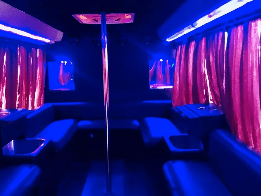 16 Passenger Party Bus 16 Passenger Party Bus interior with perimeter lounge seating, window shades and dance pole for party bus rental