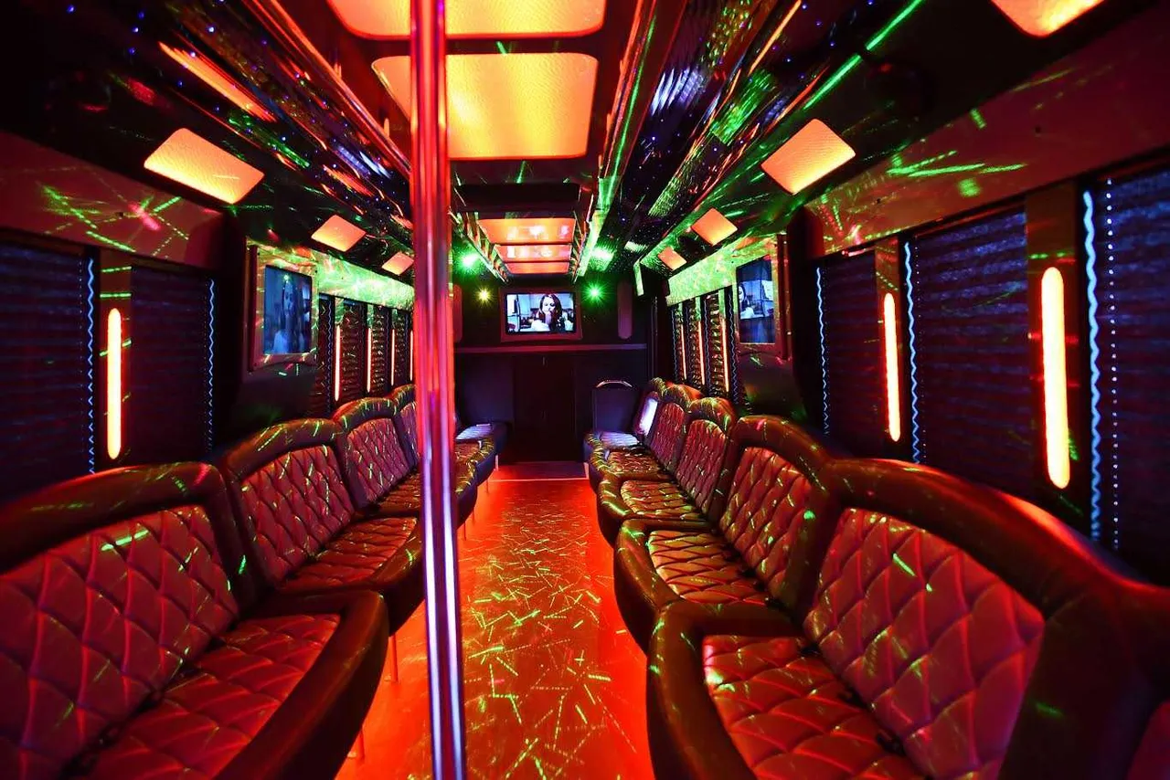 50 Passenger Party Bus interior with perimeter lounge seating, window shades and LED accent lighting for party bus rental