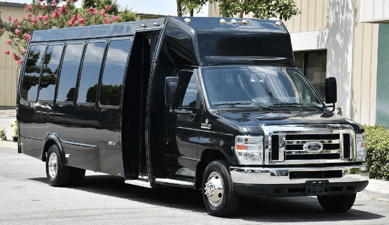 Black 20 Passenger Party Bus exterior for party bus rental