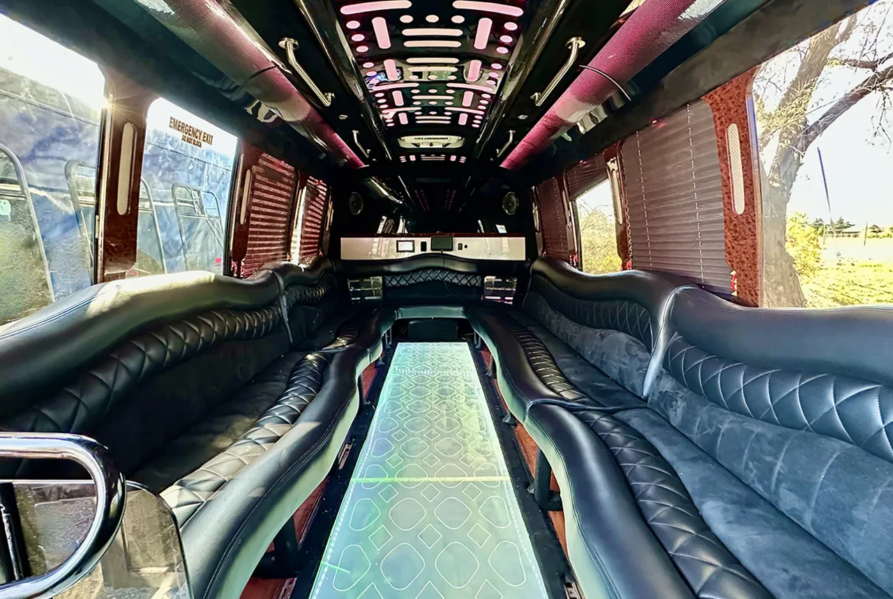 20 Passenger Party Bus interior with perimeter lounge seating, window shades and LED ceiling lighting for party bus rental
