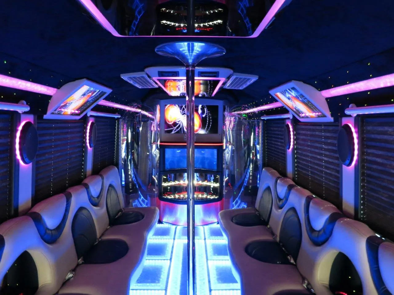 26 Passenger Party Bus interior with perimeter lounge seating, window shades and LED accent lighting for party bus rental