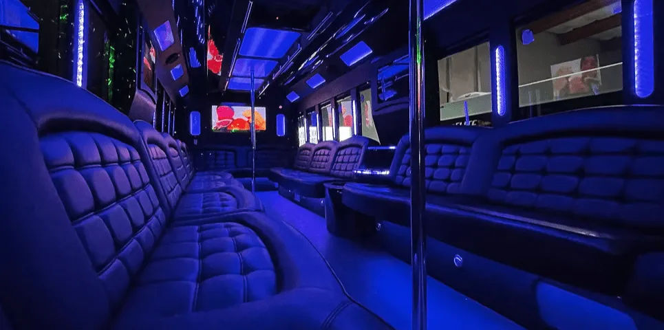 26 Passenger Party Bus interior with perimeter lounge seating, LED accent lighting and LED ceiling lighting for party bus rental