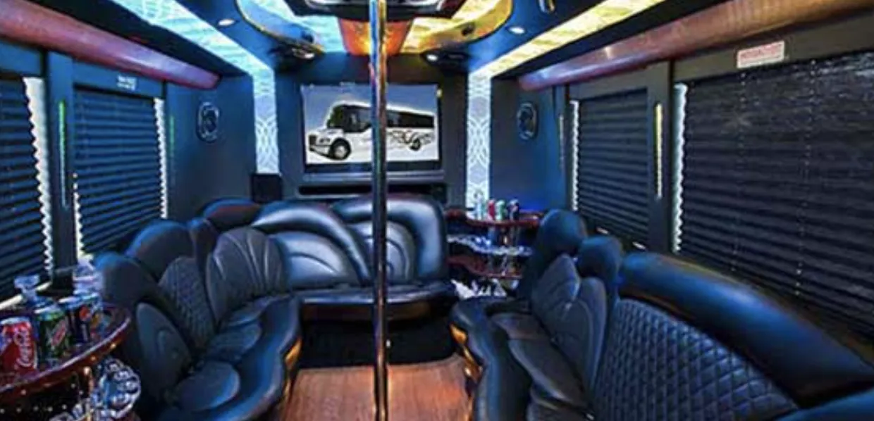 24 Passenger Party Bus interior with perimeter lounge seating, sofa-style seating and window shades for party bus rental