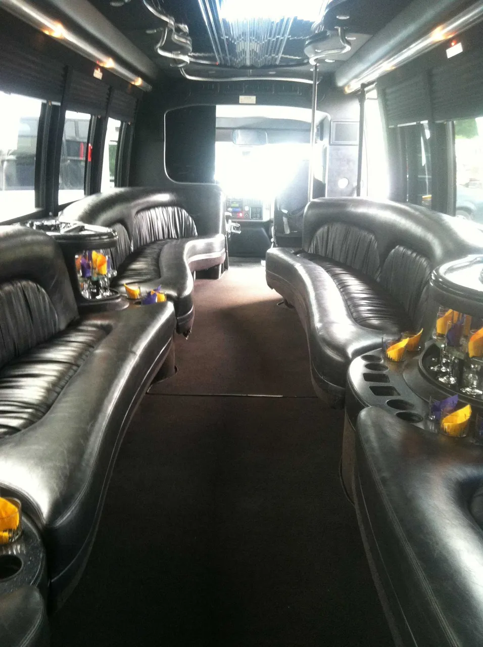 Party Bus - Dean Martin interior with perimeter lounge seating, cup holders and window shades for party bus rental