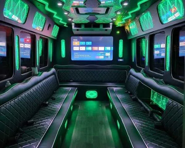 Party Bus F550 interior with perimeter lounge seating, LED accent lighting and LED ceiling lighting for party bus rental
