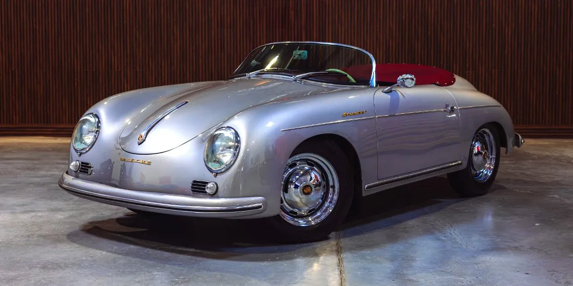 Silver Porsche Speedster 1956 (Vintage) exterior with convertible roof for sports car rental