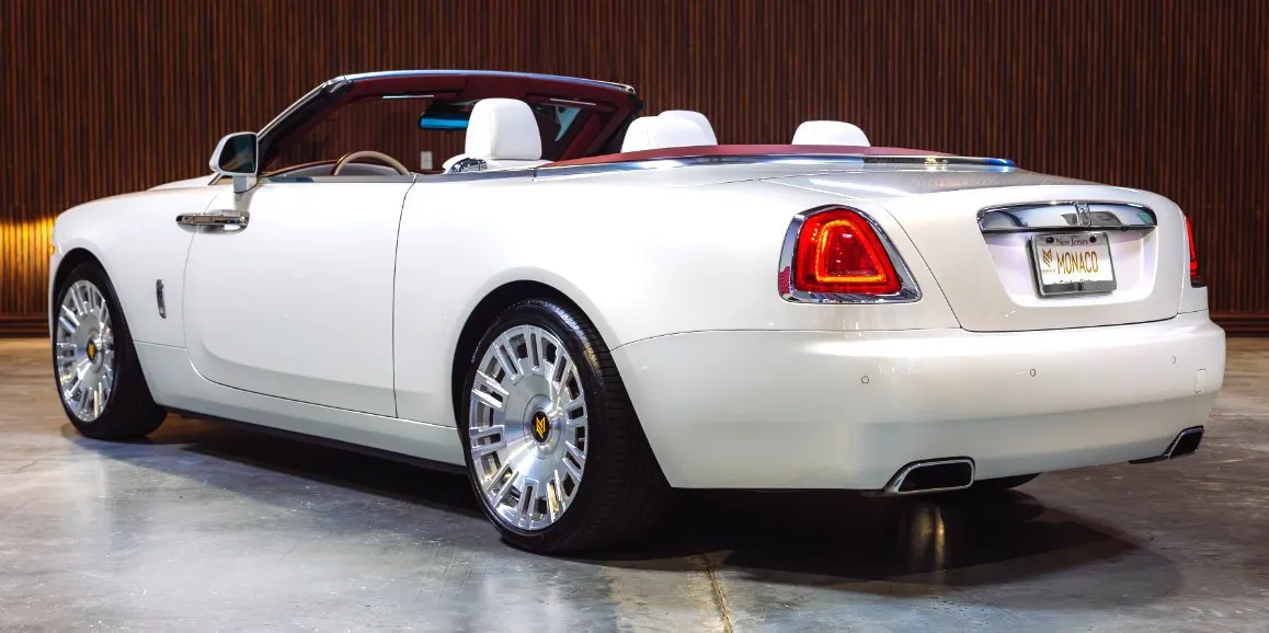 White Rolls Royce Dawn exterior with convertible roof, photo 4 for wedding car rental