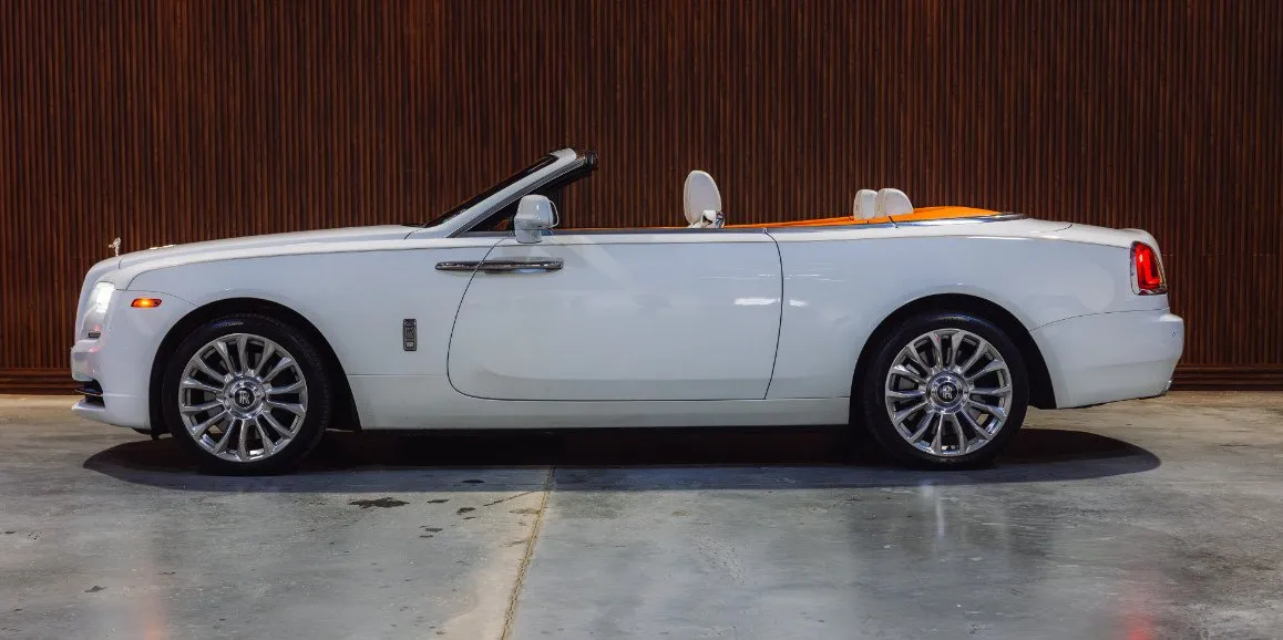 White Rolls Royce Dawn (Hermes) exterior with convertible roof, photo 3 for wedding car rental