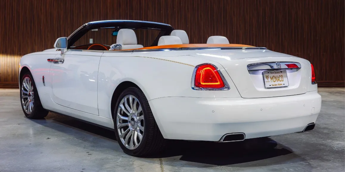 White Rolls Royce Dawn (Hermes) exterior with convertible roof, photo 4 for wedding car rental