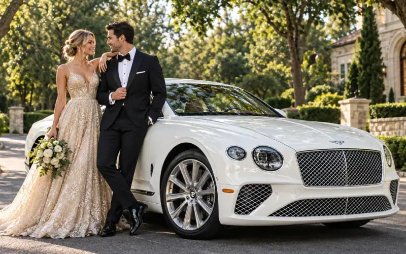 Bride and groom beside a white Bentley Continental GT wedding car Bride and groom beside a white Bentley Continental GT wedding car